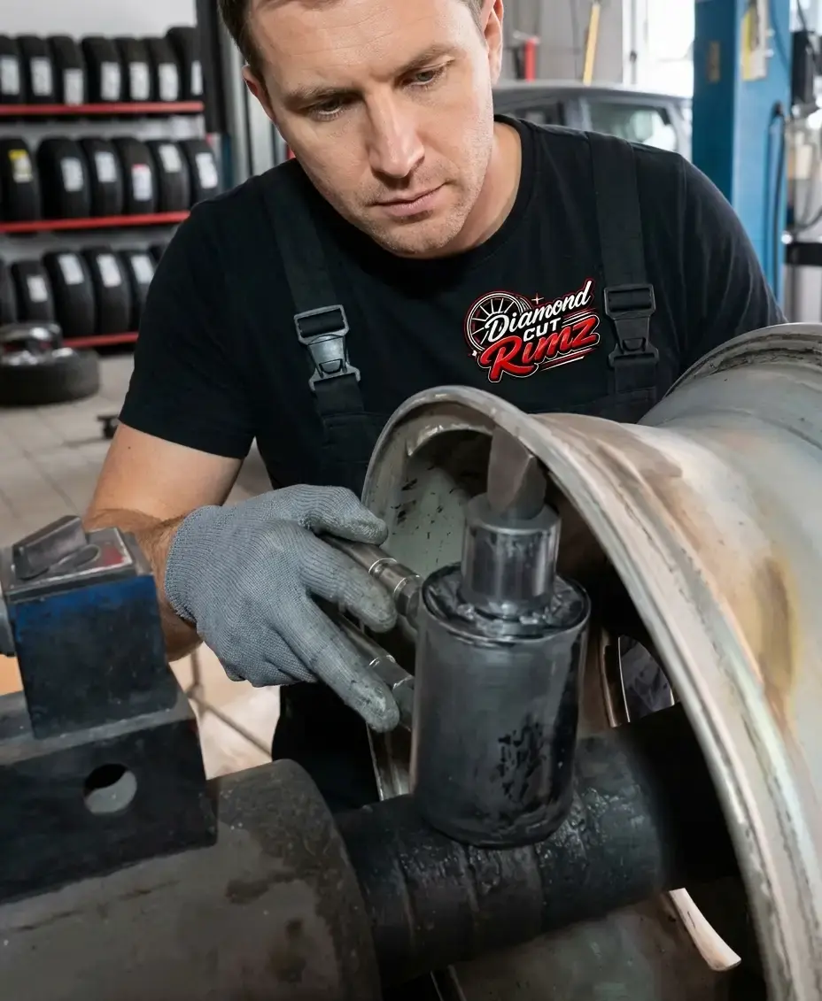 Buckled alloy wheel being straightened under hydraulic pressure