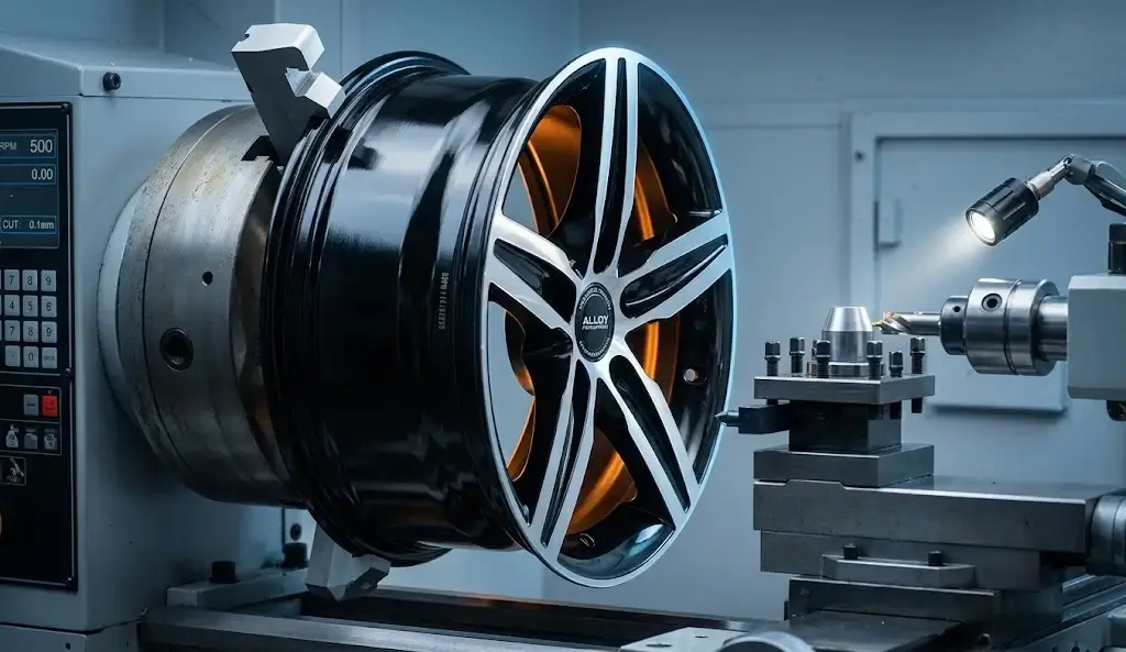 Alloy wheel mounted on the CNC lathe being diamond cut at the Larkhall workshop