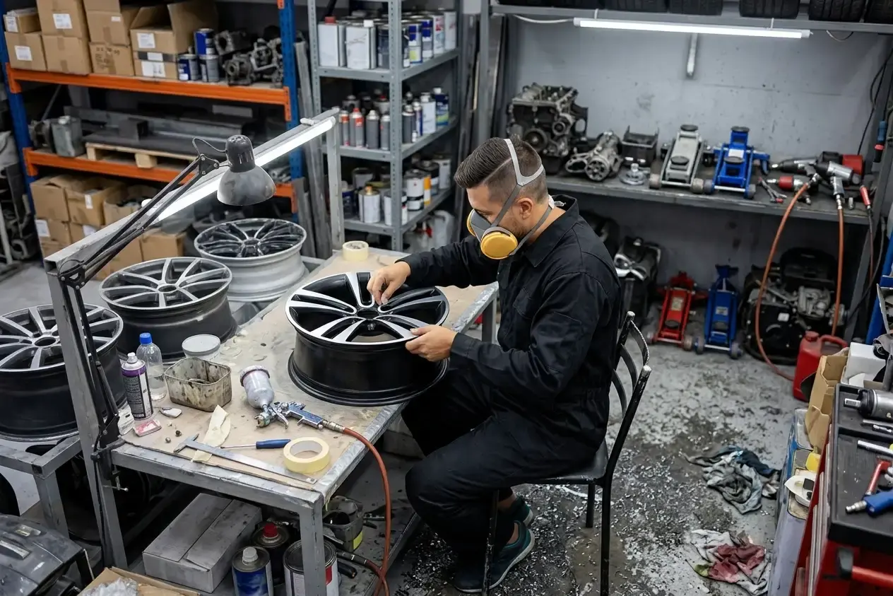 Wheels being prepared and refinished on the bench at the Larkhall workshop